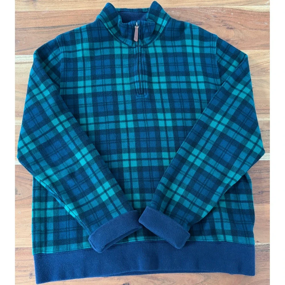 Lands End Mens Medium Plaid Quarter Zip Pullover Green Navy Blue 100% Cotton